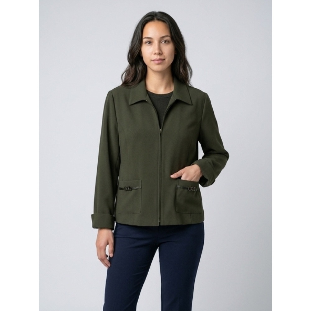Vanity Fair Petite Womens Olive Green Zip Front Jacket Pocket Hardware Detail
